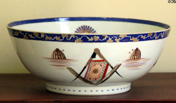 Punchbowl painted with Masonic symbols at Jeremiah Lee Mansion. Marblehead, MA.