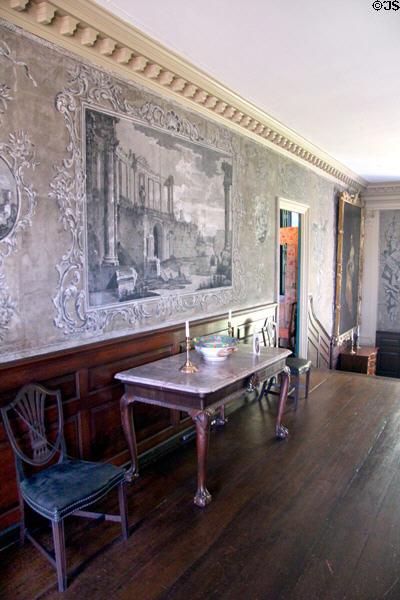 Hand-painted English mural wallpaper (18thC) line upstairs hall at Jeremiah Lee Mansion. Marblehead, MA.