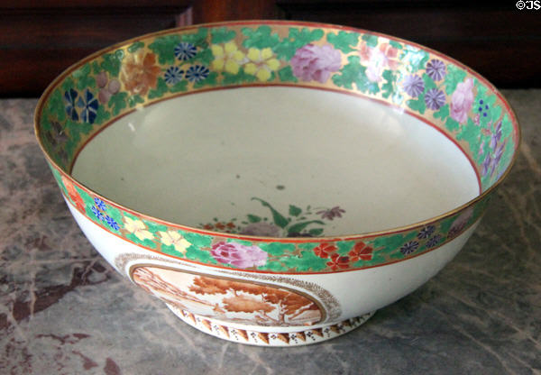 Oriental import porcelain punchbowl in upstairs hall at Jeremiah Lee Mansion. Marblehead, MA.