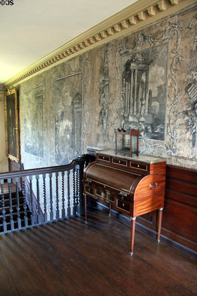 Hand-painted English mural wallpaper (18thC) with desk in upstairs hall at Jeremiah Lee Mansion. Marblehead, MA.