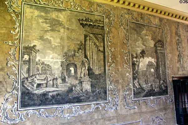 Details of hand-painted English mural wallpaper (18thC) line upstairs hall at Jeremiah Lee Mansion. Marblehead, MA.