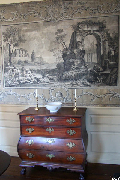 Details of hand-painted English mural wallpaper (18thC) & chest of drawers with bombé profile at Jeremiah Lee Mansion. Marblehead, MA.