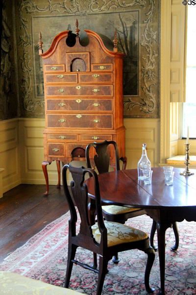 High chest of drawers & drop-leaf table in bedroom at Jeremiah Lee Mansion. Marblehead, MA.