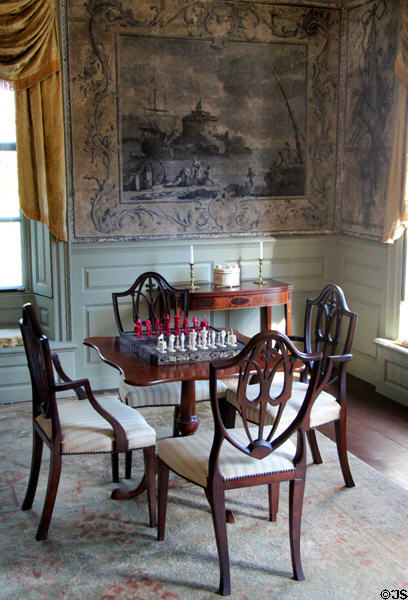 Center table with chess set in upstairs sitting room at Jeremiah Lee Mansion. Marblehead, MA.