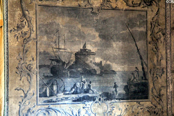 Detail of hand-painted English mural wallpaper (18thC) with castle & sailing ship at Jeremiah Lee Mansion. Marblehead, MA.