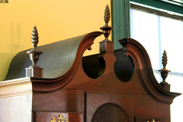 Finials atop high chest of drawers at Jeremiah Lee Mansion. Marblehead, MA.