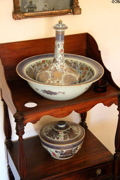 Washstand with oriental import pitcher & basin at Jeremiah Lee Mansion. Marblehead, MA.