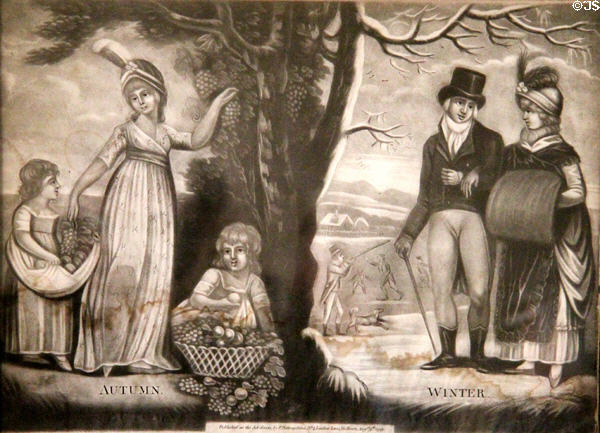 Etching of Autumn & Winter scenes (1799) by P. Barnaschina of Holborn, England at Jeremiah Lee Mansion. Marblehead, MA.