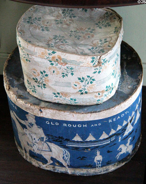 Band box or hat boxes including one reading "Old Rough & Ready" at Jeremiah Lee Mansion. Marblehead, MA.