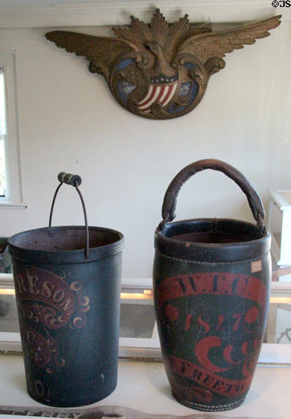 Leather fire bucket at Jeremiah Lee Mansion. Marblehead, MA.