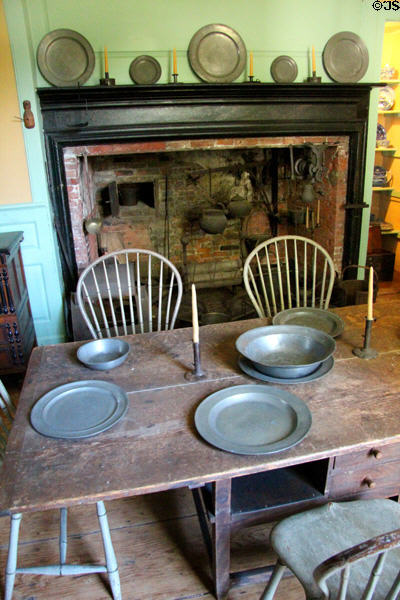 Pewter plates on kitchen board at Jeremiah Lee Mansion. Marblehead, MA.
