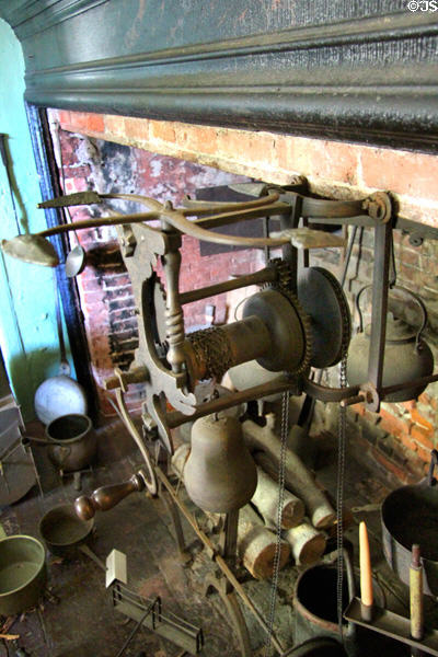 Clockwork rotisserie device in kitchen hearth at Jeremiah Lee Mansion. Marblehead, MA.