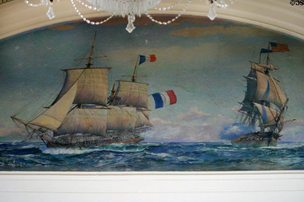 Mural of French & American ships during Revolutionary War in Naval Academy Memorial Hall. Annapolis, MD.