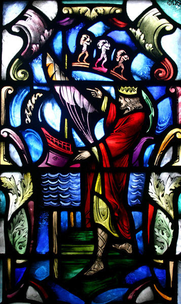 Stained glass window of those who go down to the sea in ships and see the works of the Lord in Naval Academy Chapel. Annapolis, MD.