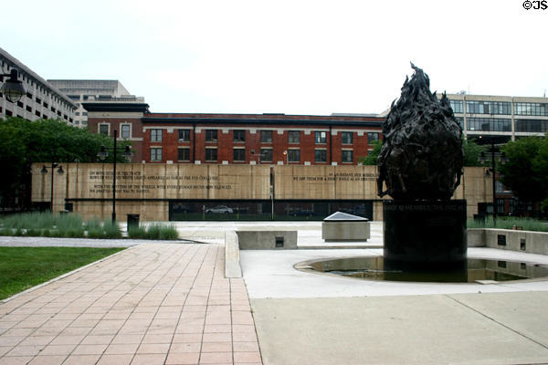 Holocaust Memorial Plaza with rail tracks & quotes of those subjected to concentration camps. Baltimore, MD.