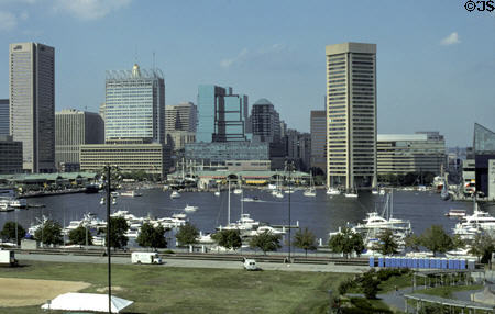 Baltimore skyline over inner harbor from Federal Hill. Baltimore, MD.