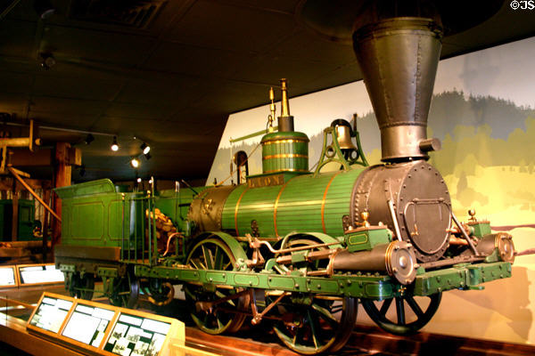 Lion Locomotive (1846) pulled lumber to sawmills for nearly fifty years in Maine State Museum. Augusta, ME.