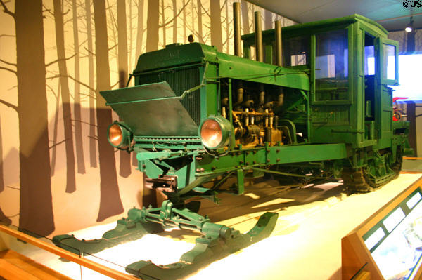 Gasoline Lombard log hauler first introduced as steam-powered machine in 1901 which revolutionized the lumber industry in Maine State Museum. Augusta, ME.