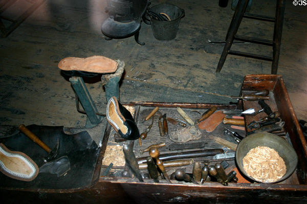Cobblers bench & tools in Maine State Museum. Augusta, ME.