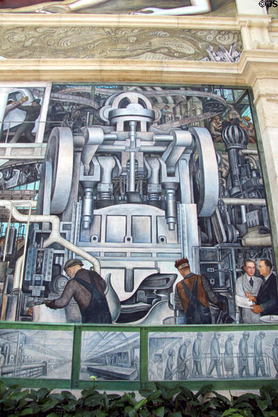Stamping machine on south wall of Detroit Industry Murals by Diego Rivera at Detroit Institute of Arts. Detroit, MI.