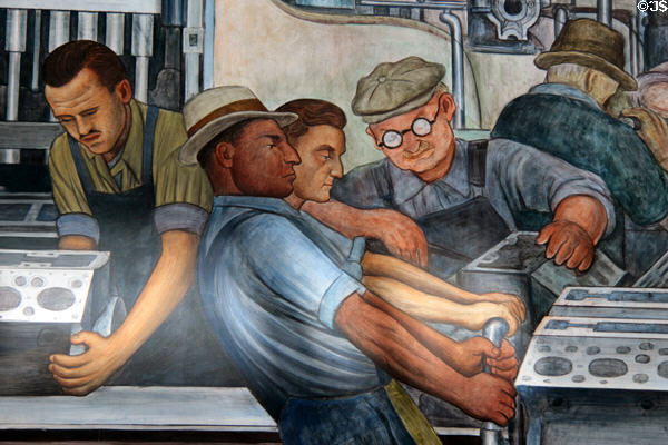 Engine block workers on north wall of Detroit Industry Murals by Diego Rivera at Detroit Institute of Arts. Detroit, MI.