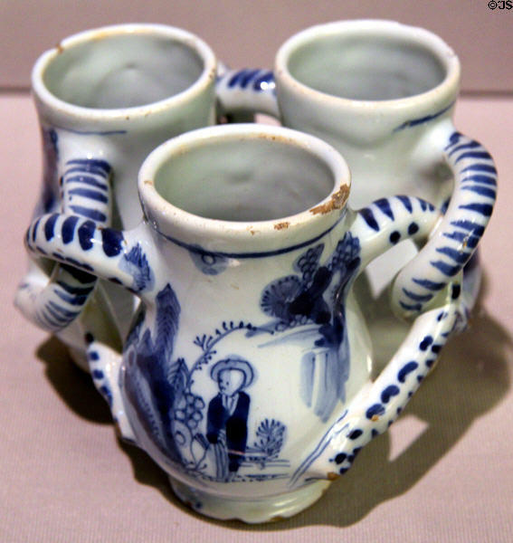 Tin-glazed earthenware fuddling cup (c1690) from Frankfurt, Germany at Detroit Institute of Arts. Detroit, MI.