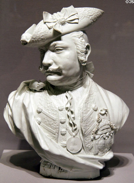 Porcelain bust of Postmaster "Baron" Schmiedel (1739) by Johann Joachim Kändler of Meissen Manuf., Germany at Detroit Institute of Arts. Detroit, MI.