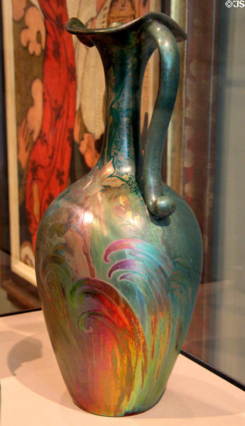 Earthenware iridescent ewer (1902-7) by Jacques Sicard of Weller Pottery of Zanesville, Ohio at Detroit Institute of Arts. Detroit, MI.