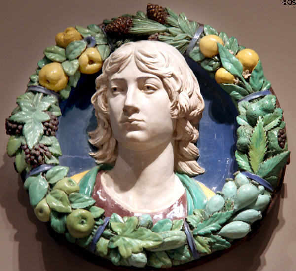 Enameled terra cotta head of youth (1470-80) by workshop of Andrea della Robbia at Detroit Institute of Arts. Detroit, MI.