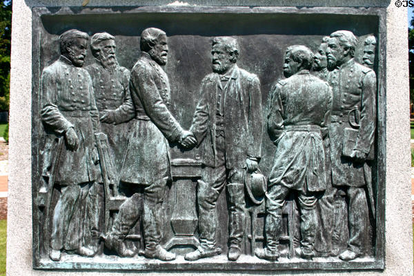 Plaque of U.S. Grant accepting surrender of R.E. Lee on base of Civil War Memorial (1895) at Hillsdale College. Hillsdale, MI.
