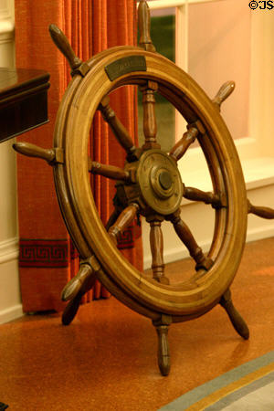 SS Mayaguez ships wheel presented to Ford after US rescue of crew from Cambodia in Gerald R. Ford Presidential Museum Oval Office replica. Grand Rapids, MI.