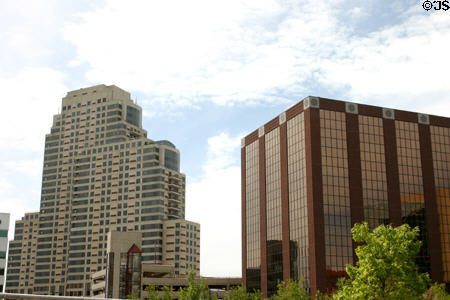 Plaza Towers & red cubic building. Grand Rapids, MI.
