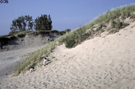 Kids climb sand dune of Sleeping Bear National Park. MI.