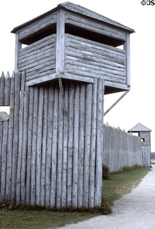 Blockhouse guarding reconstructed French fort (1715) of Colonial Michilimackinac later occupied by British (1761-81). Mackinaw City, MI.