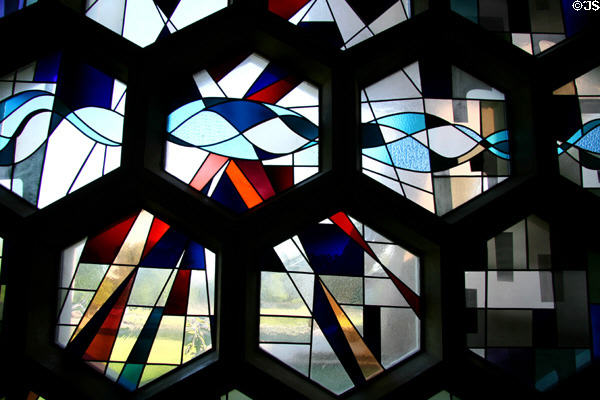 Stained glass window design of St. John's Abbey Church at St. John's University. Collegeville, MN.