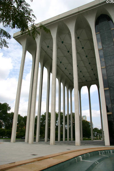 Columns support overhang of entrance of 20 Washington Avenue South. Minneapolis, MN.
