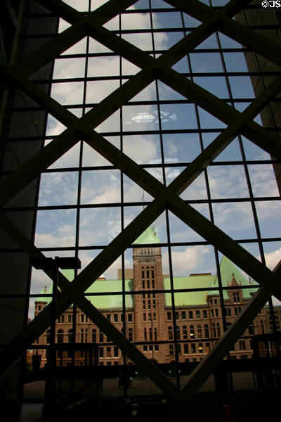 View out atrium windows of Hennepin County Government Center to Minneapolis City Hall. Minneapolis, MN.