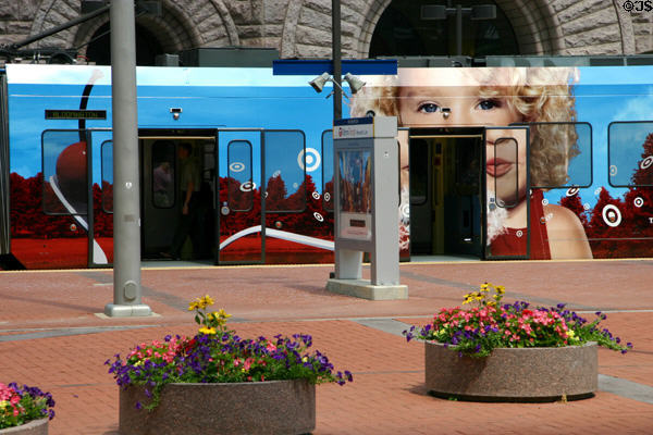Artistic advertising on Minneapolis streetcar. Minneapolis, MN.
