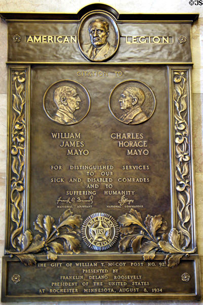 Plaque commemorating William James Mayo & Charles Horace Mayo founders of Mayo Clinic. Rochester, MN.