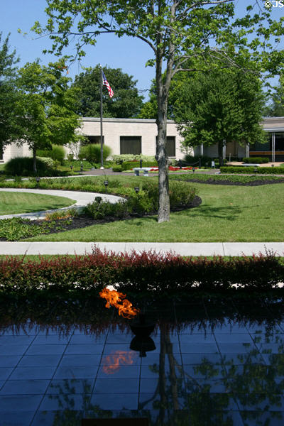 Courtyard of Truman Museum with perpetual Flame of Freedom (1991). Independence, MO.