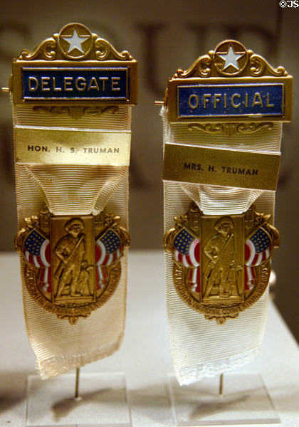 Delegate ribbons for Harry & Mrs. Truman to 1944 Democratic National Convention in Chicago at Truman Museum. Independence, MO.