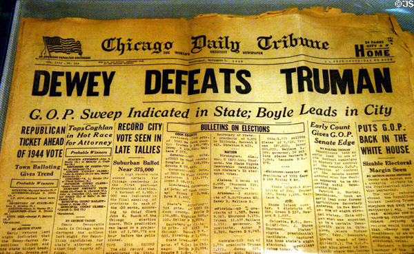 Dewey Defeats Truman headline on original Chicago Daily Tribune Nov. 3, 1948 newspaper at Truman Museum. Independence, MO.
