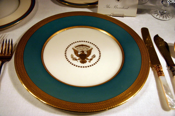 Williamsburg Green White House presidential plate (1951-2) with eagle turn to olive branch of peace by Lenox china of Trenton, NJ at Truman Museum. Independence, MO.