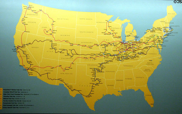 Map of Truman's whistle stop campaign rail routes for 1948 election campaign at Truman Museum. Independence, MO.