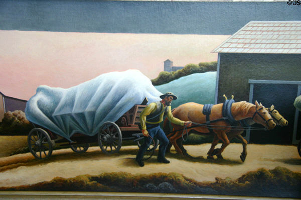 Horses drawing wagon detail of mural by Thomas Hart Benton at Truman Museum. Independence, MO.