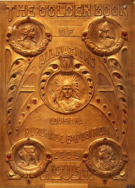 Golden Book of All Nations plaque for Louisiana Purchase Exposition (1904) at Missouri History Museum. St. Louis, MO.