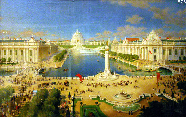 Painting of St Louis World's Fair (1904) south between Manufacturers & Varied Industries Palaces over lake to Festival Hall by John Ross Key at Missouri History Museum. St Louis, MO.