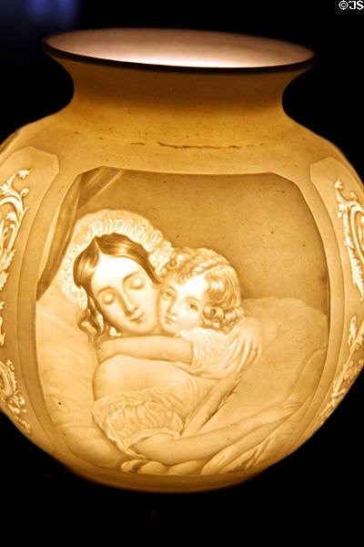 Lithophane lmp with design created by thickness of glass alone at Campbell House Museum. St. Louis, MO.