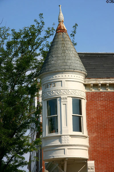 Queen Anne style corner tower (1873) (High at Monroe Sts.). Jefferson City, MO.