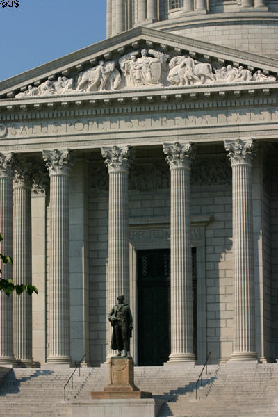 Pediment by A.A. Weinman & entry columns of Missouri State Capitol. Jefferson City, MO.
